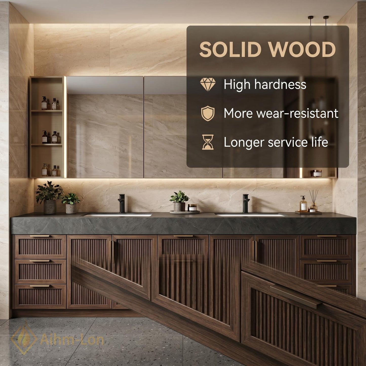 78''-96'' Double Bathroom Vanity with Sink Modern Floating Dark Stone Slatted Doors