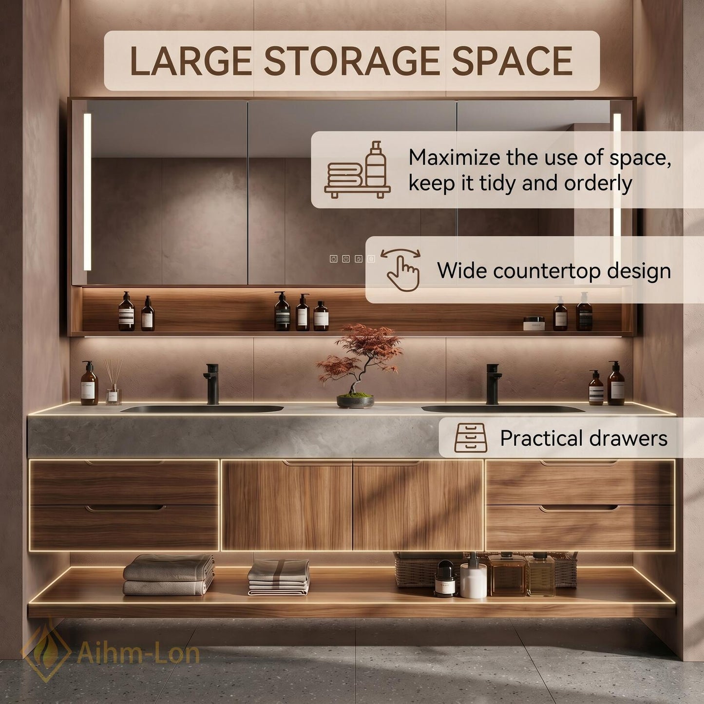 60''-96'' Modern Floating Bathroom Vanity with Sink Double Warm Wood Veneer Shelving