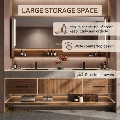 60''-96'' Modern Floating Bathroom Vanity with Sink Double Warm Wood Veneer Shelving
