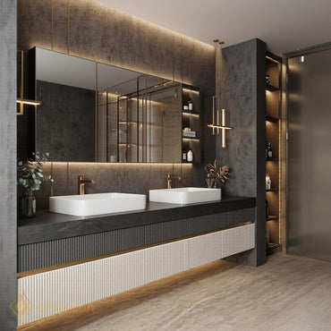 60''-96'' Modern Double Bathroom Vanity with Sink Floating Fluted Two-Tone Stone-Effect Top