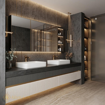 60''-96'' Modern Double Bathroom Vanity with Sink Floating Fluted Two-Tone Stone-Effect Top