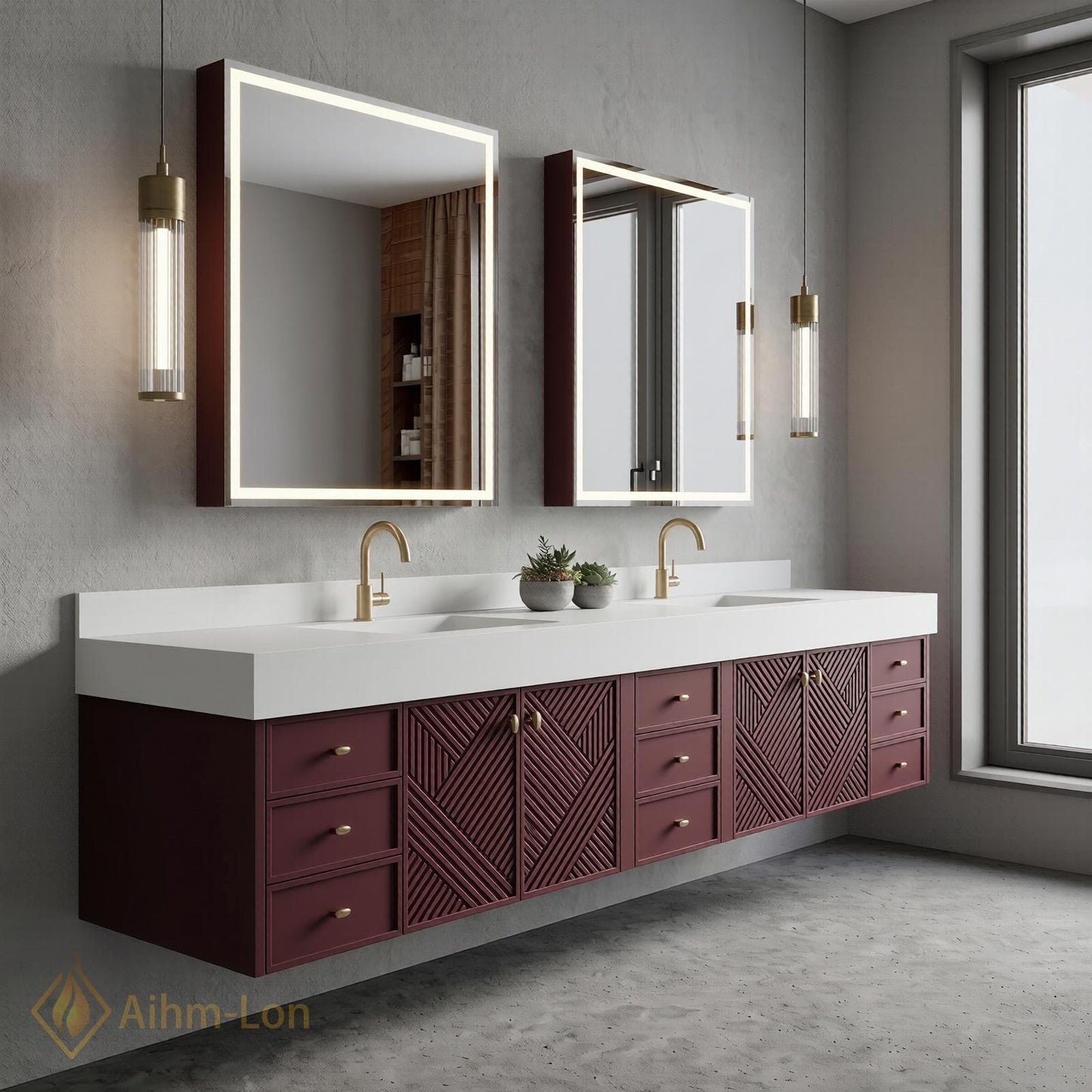 78''-96'' Modern Floating Bathroom Vanity with Sink Geometric Panel Doors Wine-Red Drawers