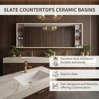 60''-96'' Modern Floating Bathroom Vanity with Sink White Marble-Look Slatted Front Panels