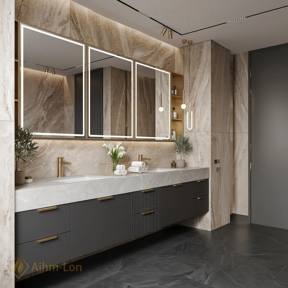 60''-96'' Double Bathroom Vanity with Sink Dark Stone Look Top Vertical Slats