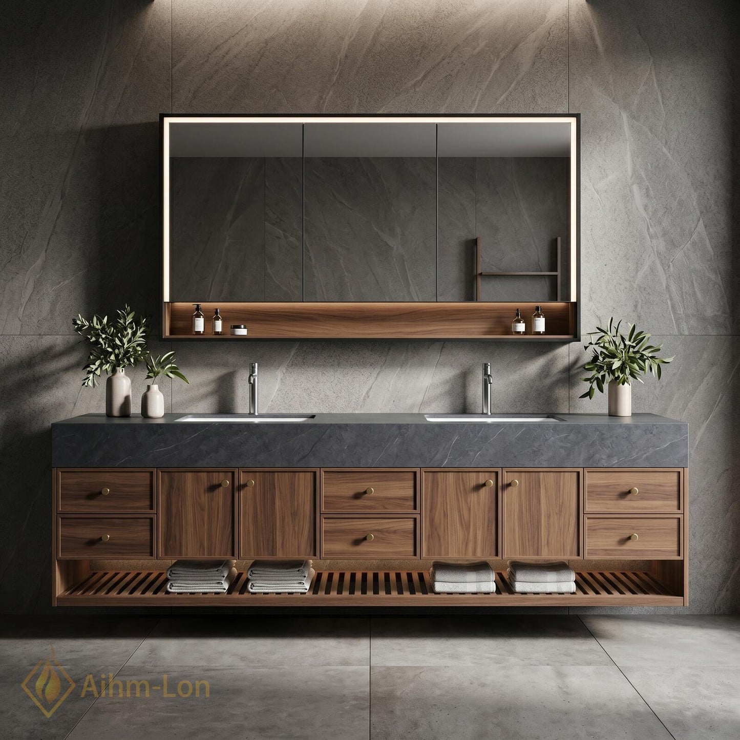 76''-96'' Modern Bathroom Vanity with Sink Floating Dark Stone Slatted Shelf Drawers