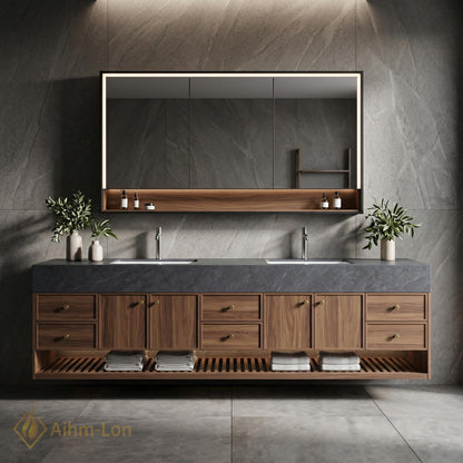 76''-96'' Modern Bathroom Vanity with Sink Floating Dark Stone Slatted Shelf Drawers