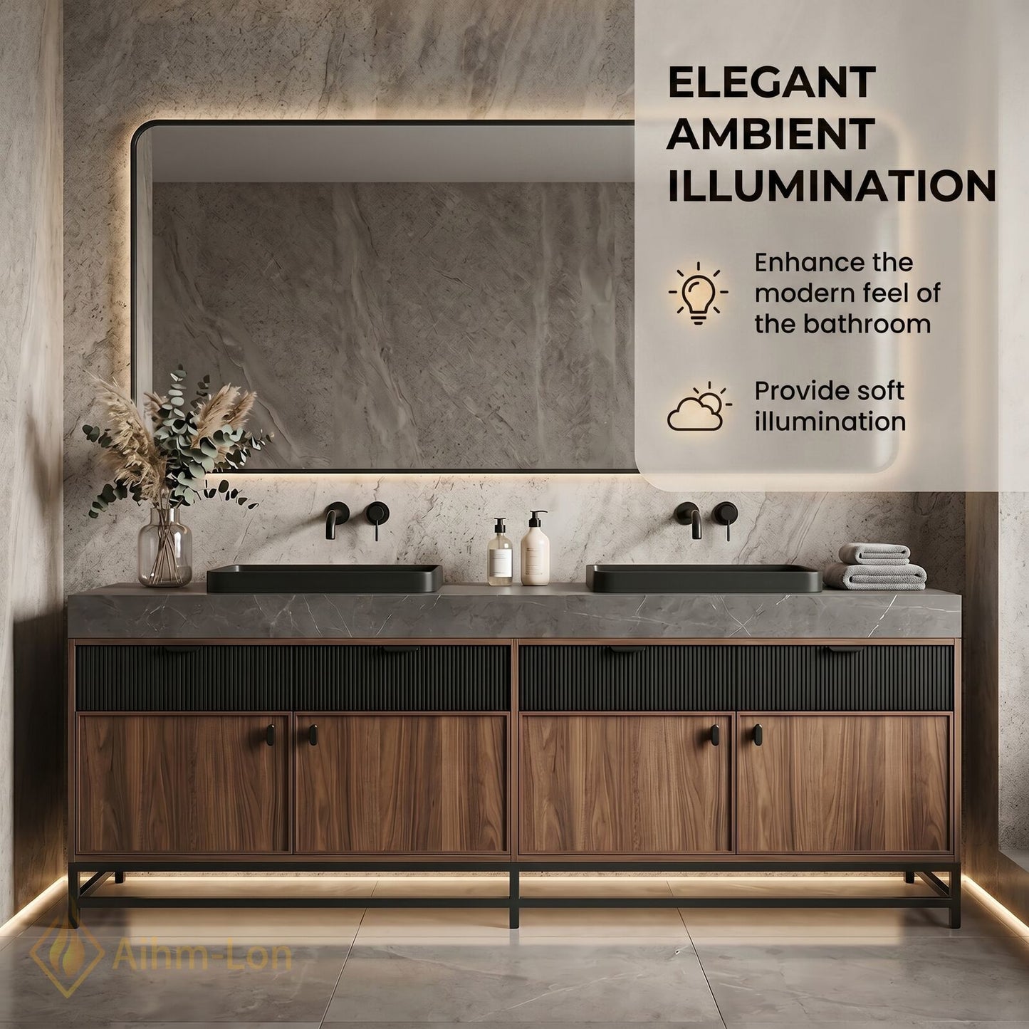70''-96'' Double Bathroom Vanity with Sink Grey-Marble Grey Modern Wood-Grain Top Drawers