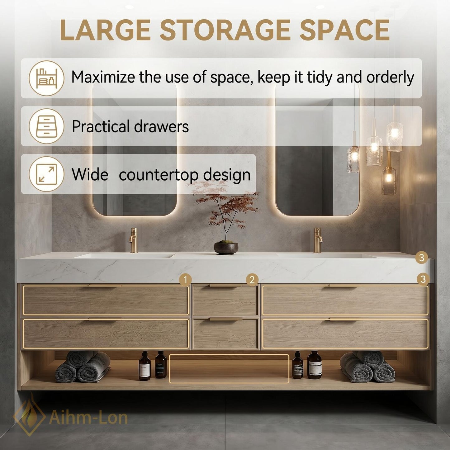 70''-96'' Double Bathroom Vanity with Sink Light-Wood Drawers Open Shelving