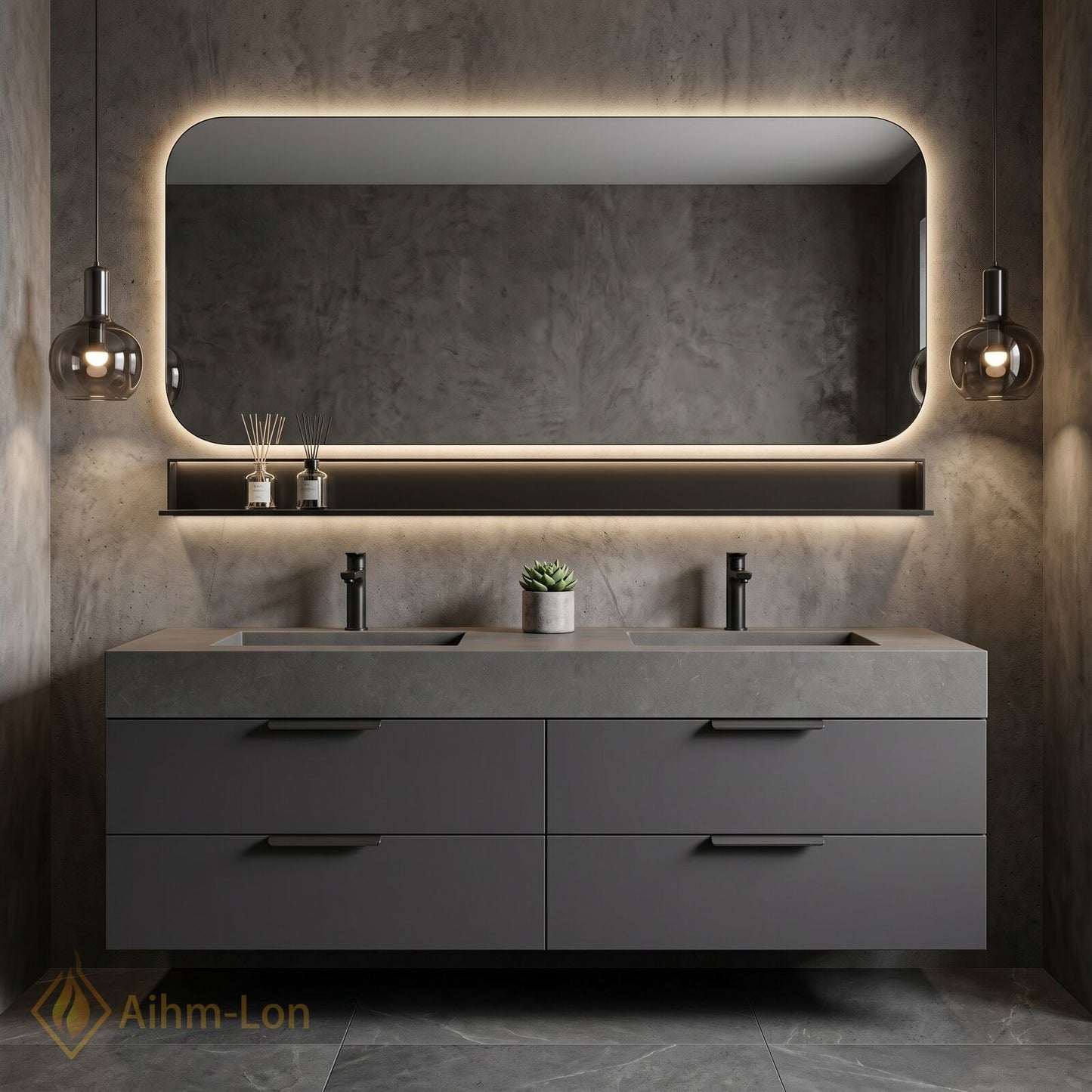 60''-96'' Double Bathroom Vanity with Sink Floating Wall Mounted Dark Stone Texture