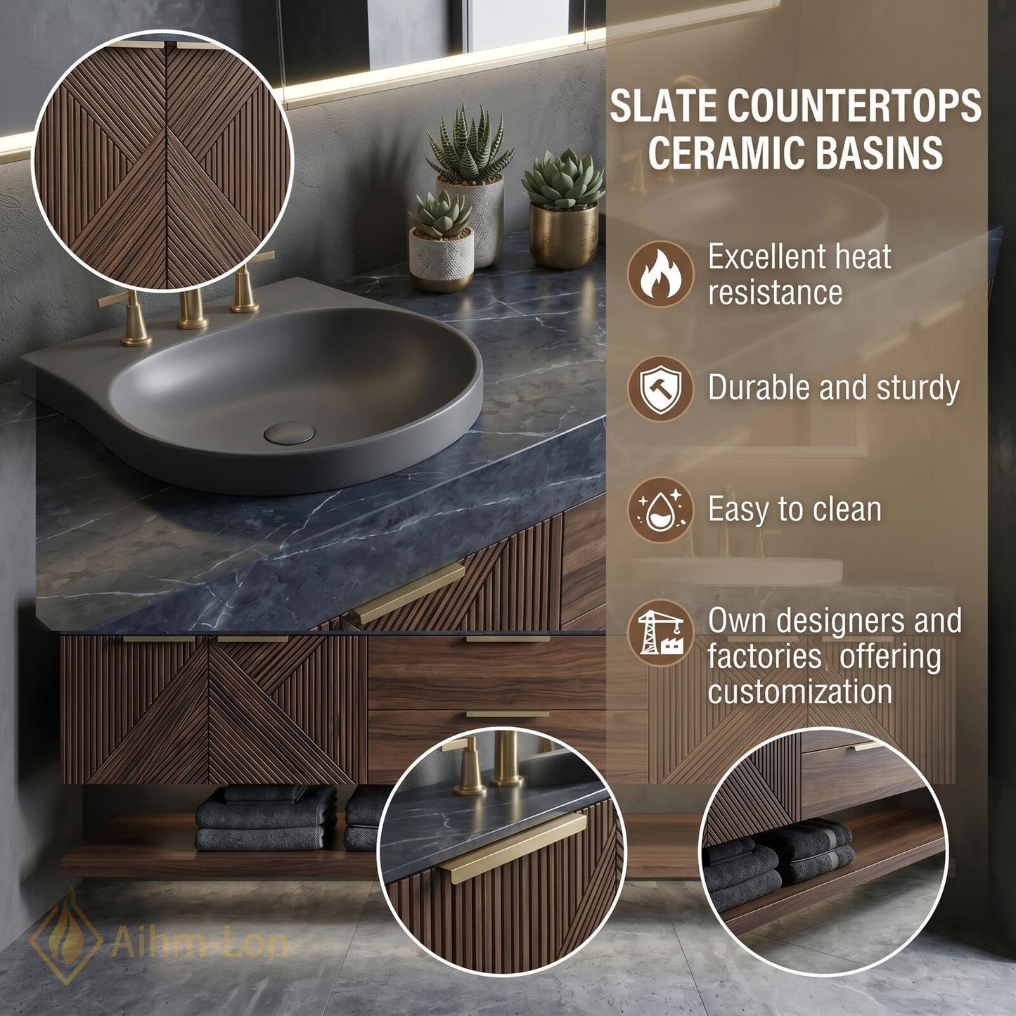 70''-96'' Double Bathroom Vanity with Sink Geometric Slatted Doors Rich Walnut Grain