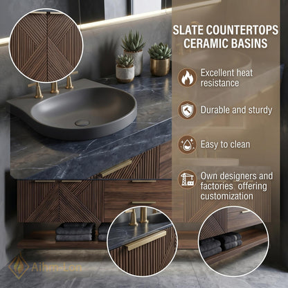 70''-96'' Double Bathroom Vanity with Sink Geometric Slatted Doors Rich Walnut Grain