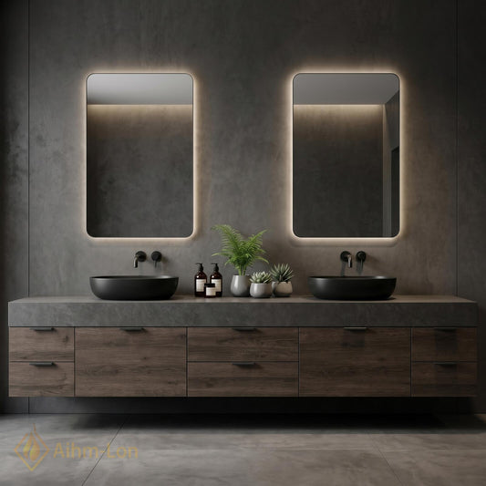 70''-96'' Double Bathroom Vanity with Sink Wood Modern Floating Stone Countertop Grain