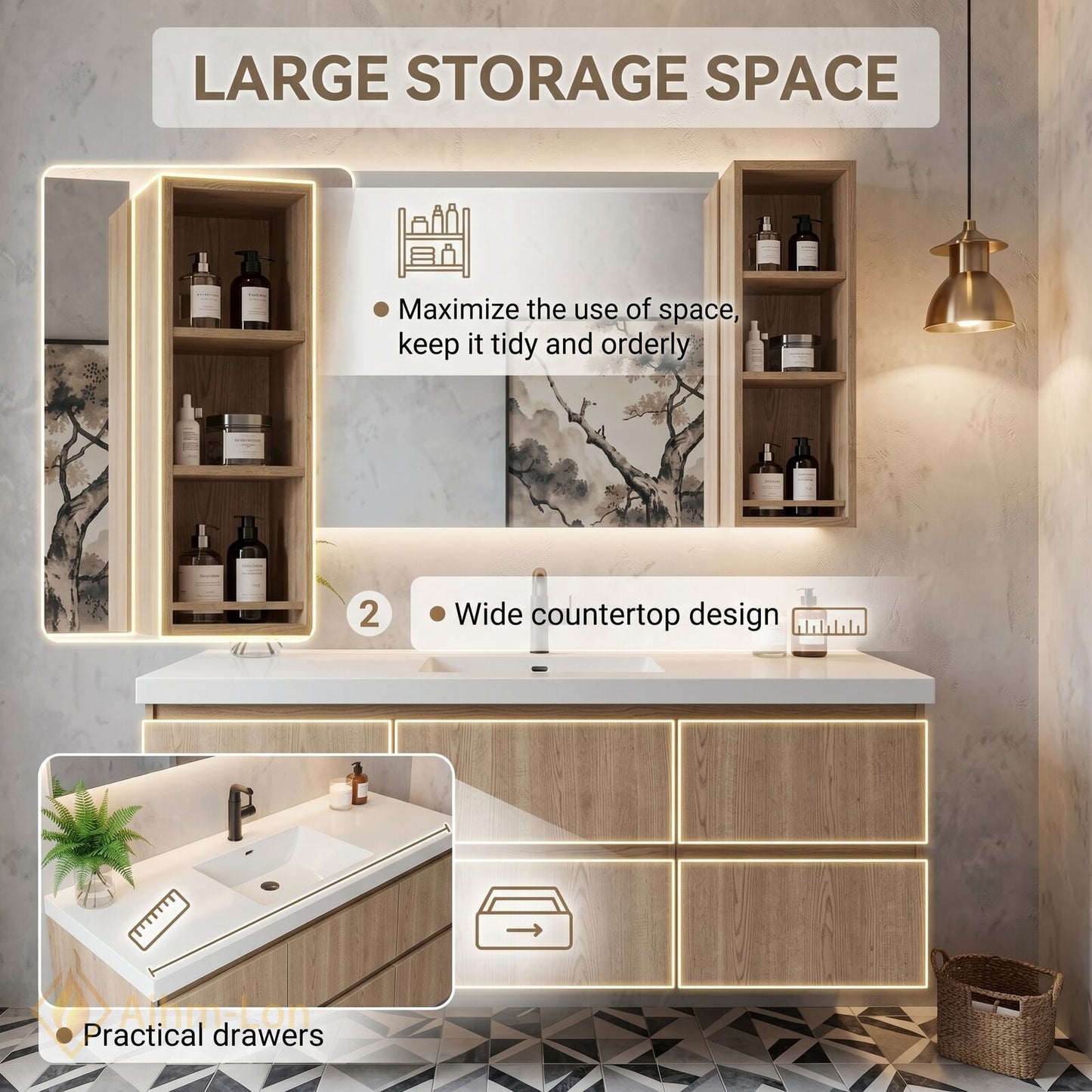 48''-64'' Modern Bathroom Vanity with Sink White Stone Wood Grain Side Shelving