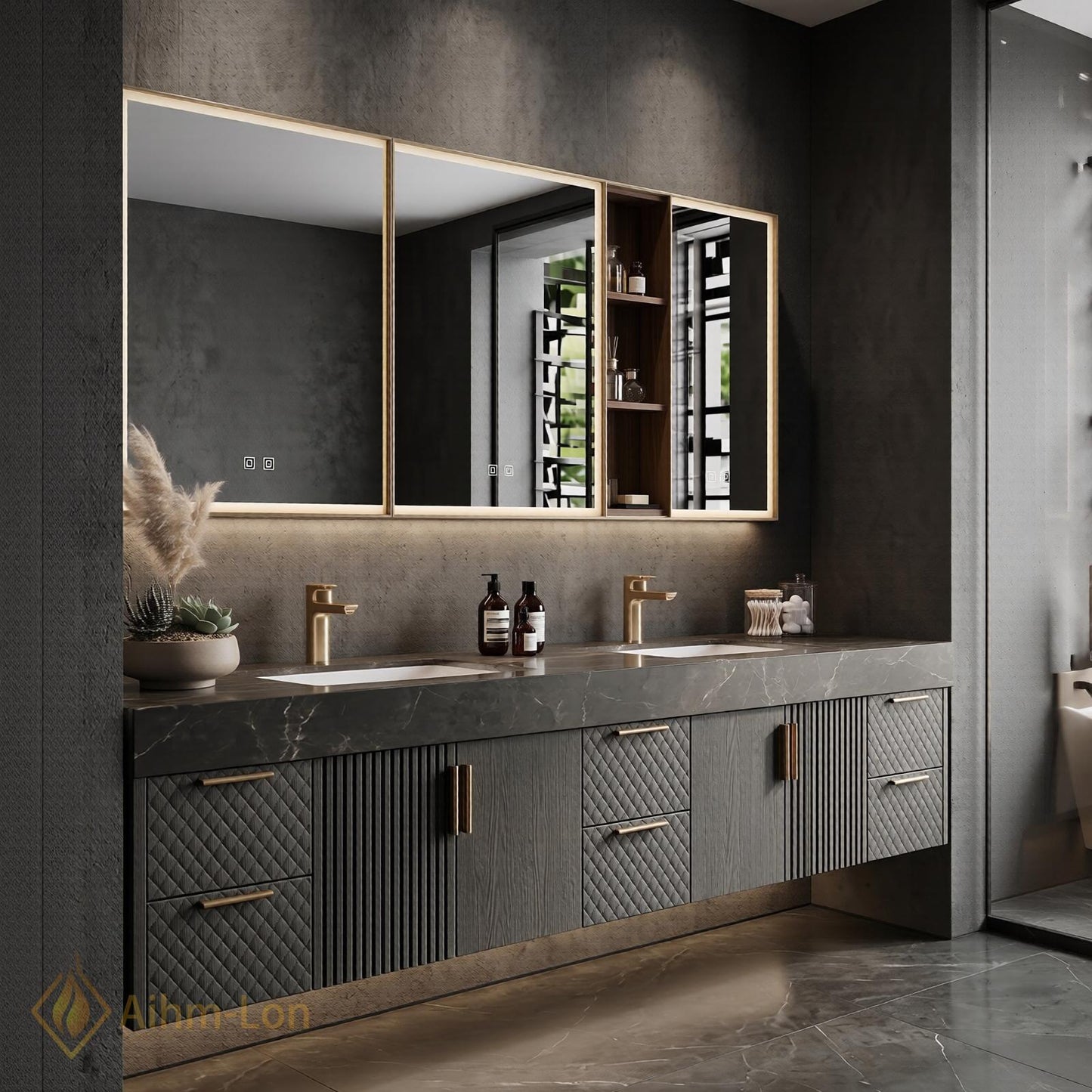 70''-96'' Double Bathroom Vanity with Sink Modern Floating Dark Stone Countertop Textured