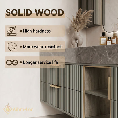 60''-96'' Double Bathroom Vanity with Sink Grooved Panel Front Gray Stone Vein