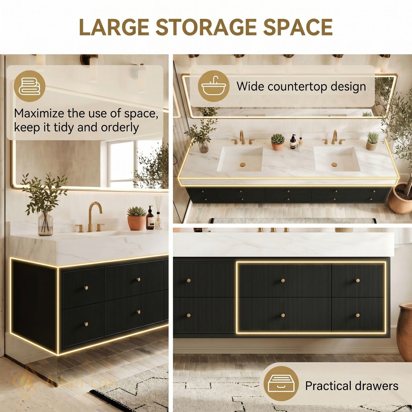 72''-96'' Bathroom Vanity with Sink Textured Drawers Panel Marble Pattern Top Floating