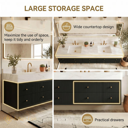 72''-96'' Bathroom Vanity with Sink Textured Drawers Panel Marble Pattern Top Floating