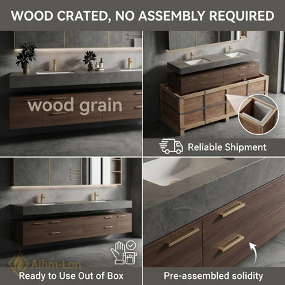 60''-96'' Double Bathroom Vanity with Sink Modern Slatted Center Dark Walnut Warm