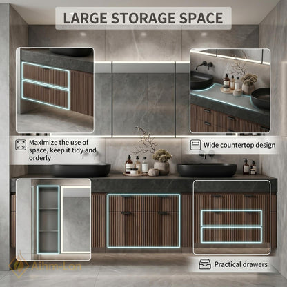 60''-96'' Double Bathroom Vanity with Sink Contemporary Floating Slatted Panels Dark Walnut