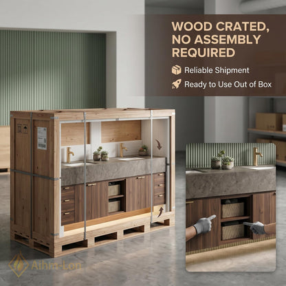 60''-96'' Double Bathroom Vanity with Sink Modern Floating Warm Walnut Open Shelving
