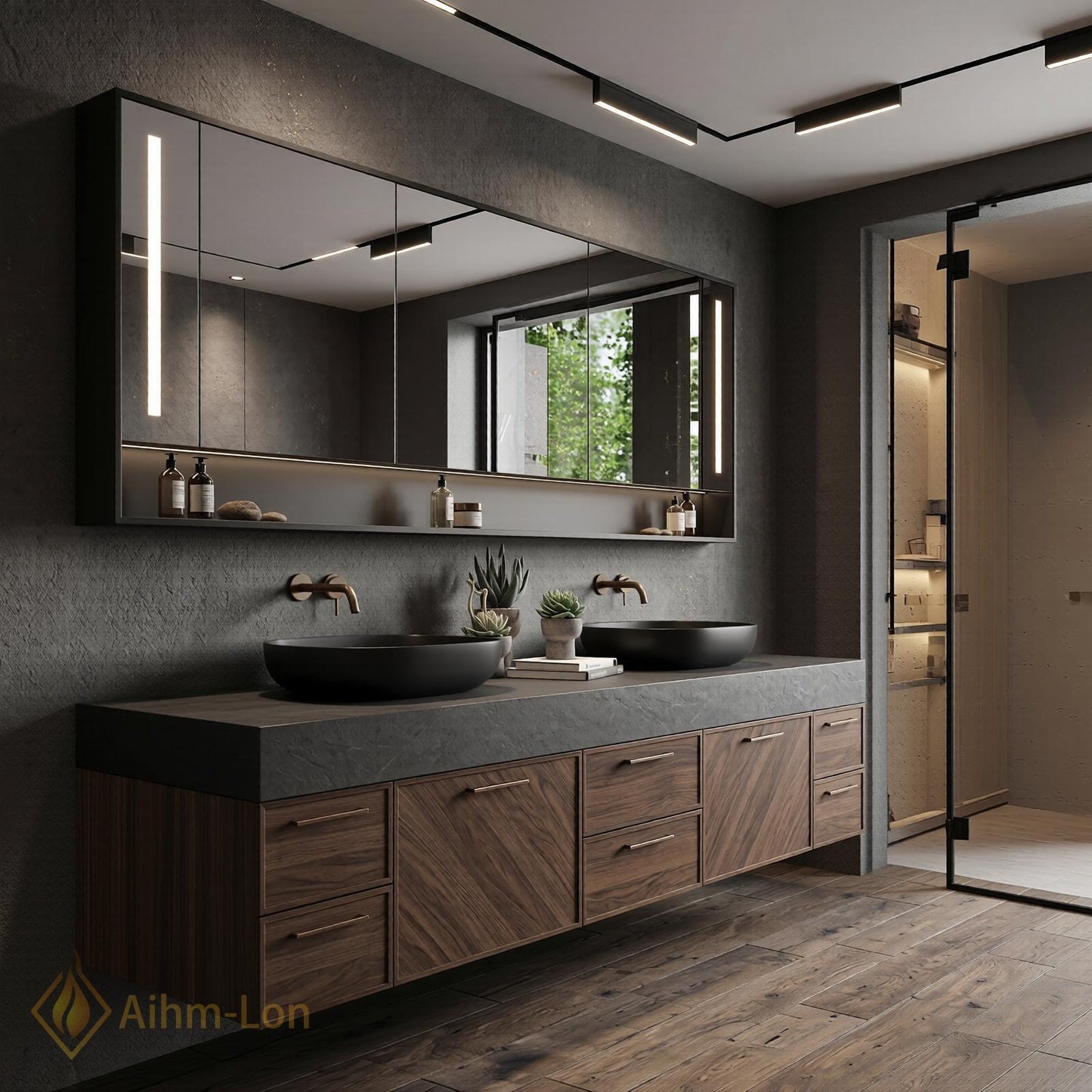 70''-96'' Double Bathroom Vanity with Sink Modern Floating Dark Stone Wood Storage