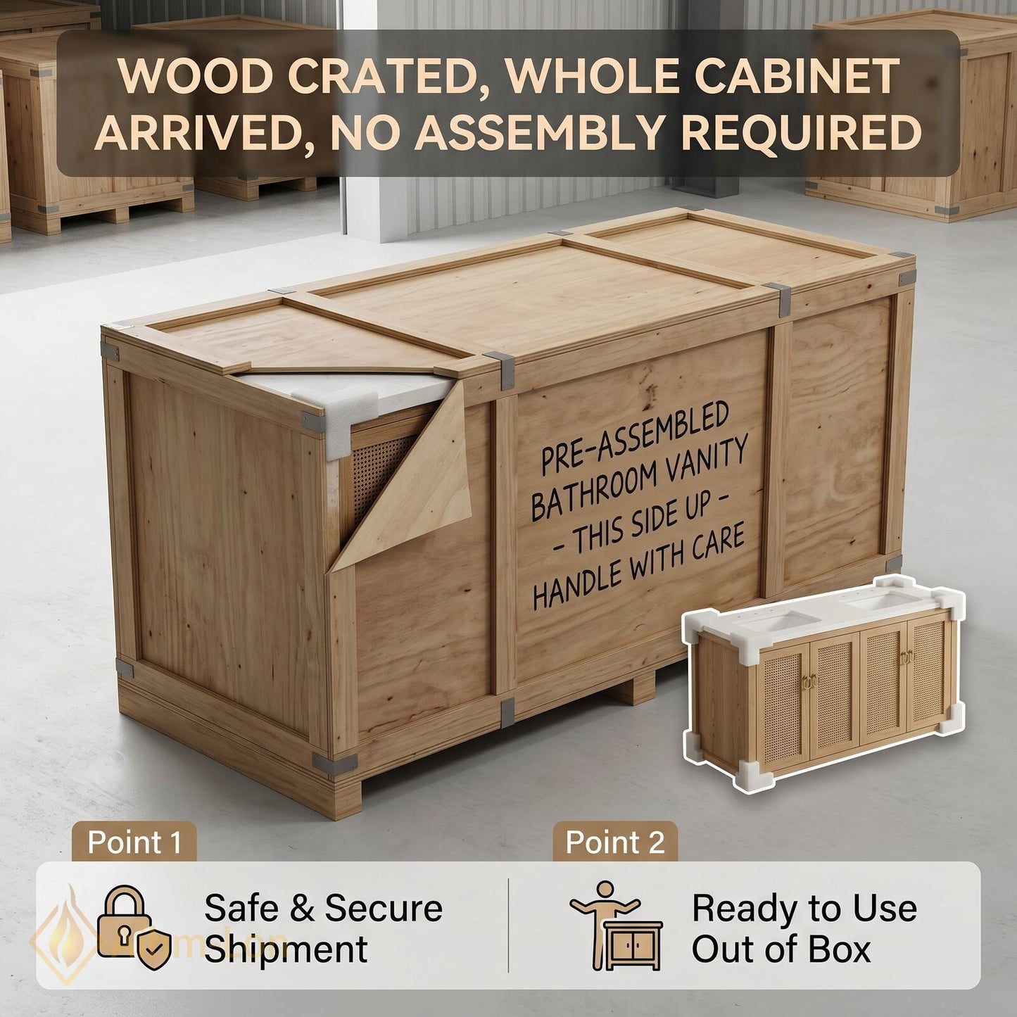 60''-96'' Floating Bathroom Vanity with Sink Double Sink Natural Oak Rattan Doors Mirror