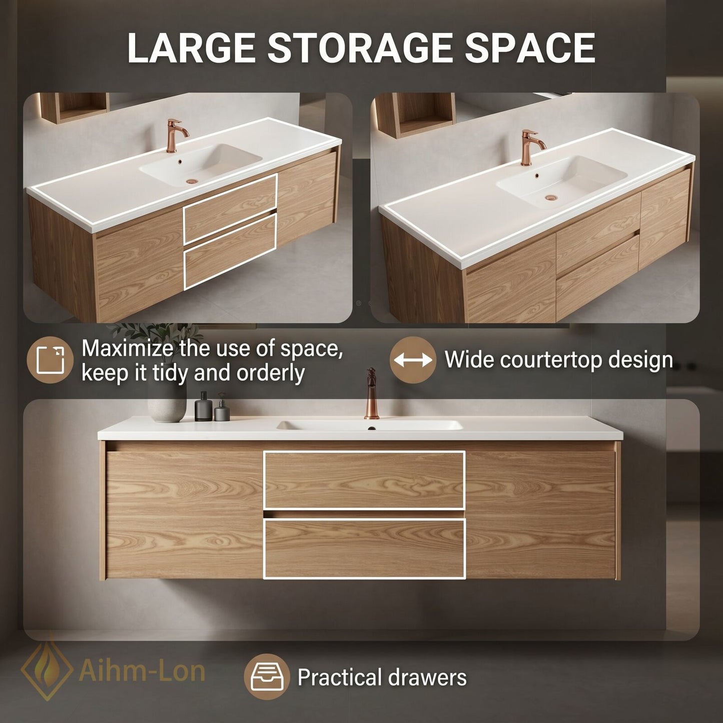 36''-64'' Floating Bathroom Vanity with Sink Sleek Natural Oak Grain Mirror Cabinet