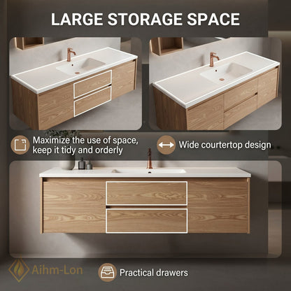 36''-64'' Floating Bathroom Vanity with Sink Sleek Natural Oak Grain Mirror Cabinet