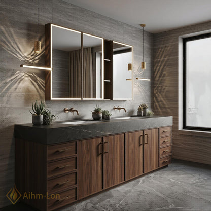 78''-96'' Double Bathroom Vanity with Sink Dark Stone Top Walnut