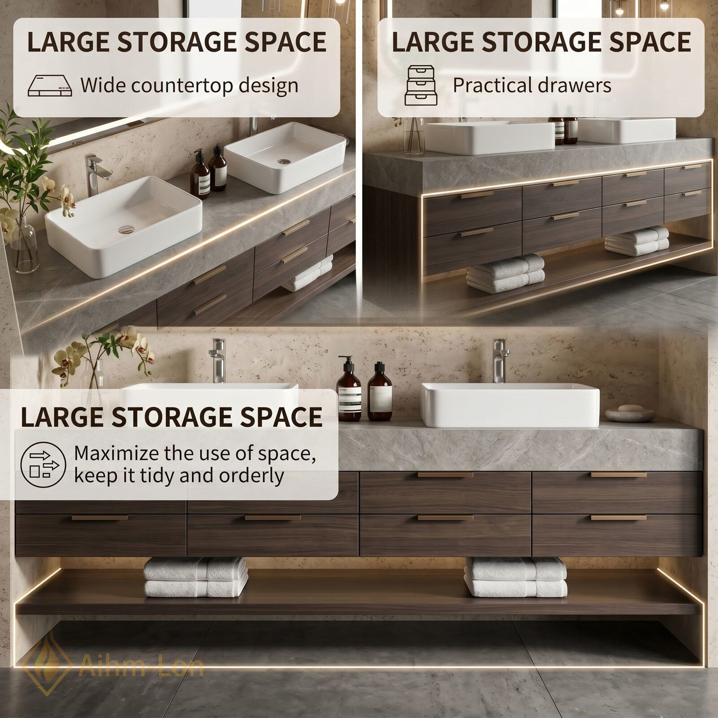 70''-96'' Double Bathroom Vanity with Sink Modern Stone Textured Top Dark Wood