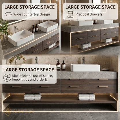 70''-96'' Double Bathroom Vanity with Sink Modern Stone Textured Top Dark Wood
