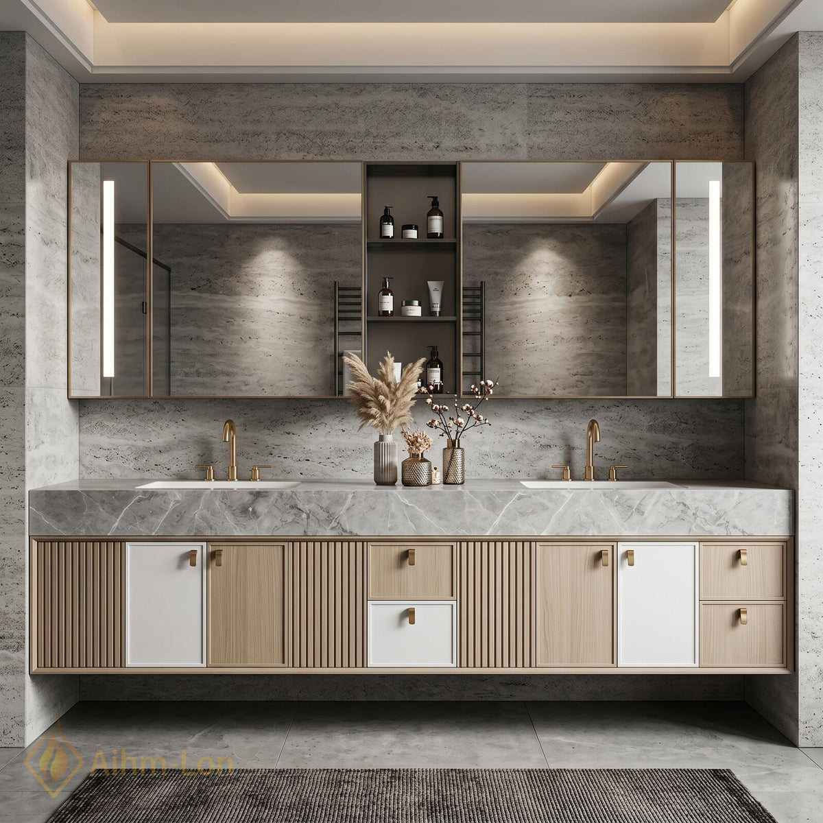 76''-96'' Double Bathroom Vanity with Sink Floating Double Oak Finish Slatted Side
