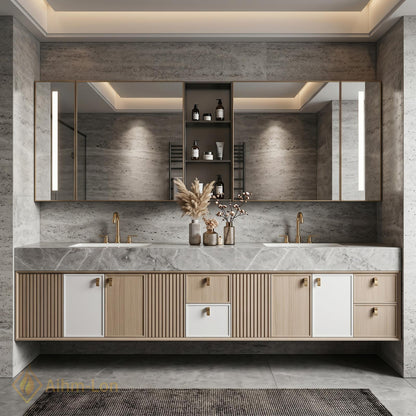 76''-96'' Double Bathroom Vanity with Sink Floating Double Oak Finish Slatted Side