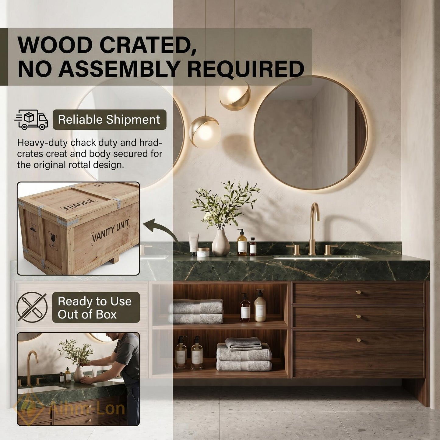 60''-96'' Double Bathroom Vanity with Sink Dark-Walnut Green Floating Open Stone