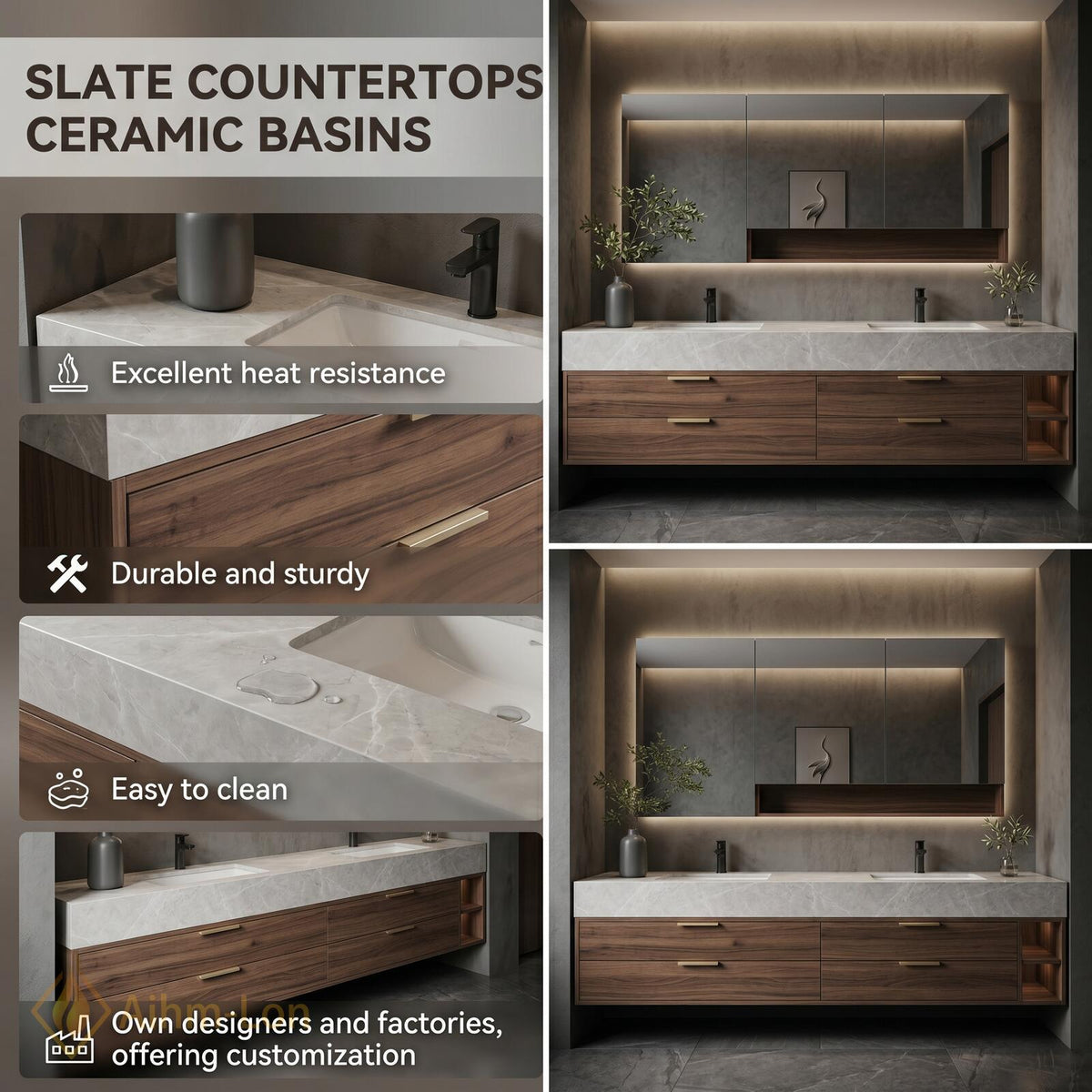 60''-96'' Double Bathroom Vanity with Sink Dark Walnut Finish Slatted Open Shelving