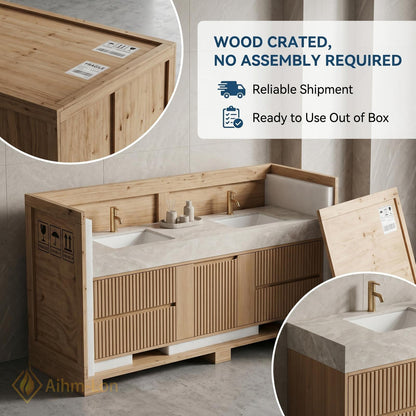 60''-96'' Double Bathroom Vanity with Sink Floating Wood Finish Fluted Panel Doors