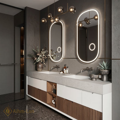 76''-96'' Double Bathroom Vanity with Sink Concrete Top Slatted Base Open Shelving