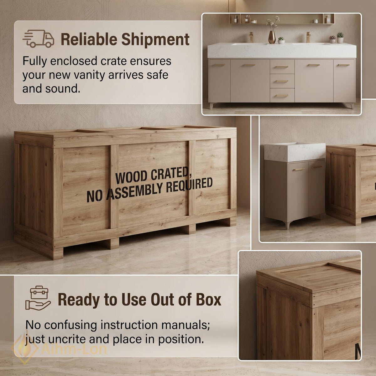 60''-96'' Double Bathroom Vanity with Sink Modern Matte Beige Finish Solid Leg