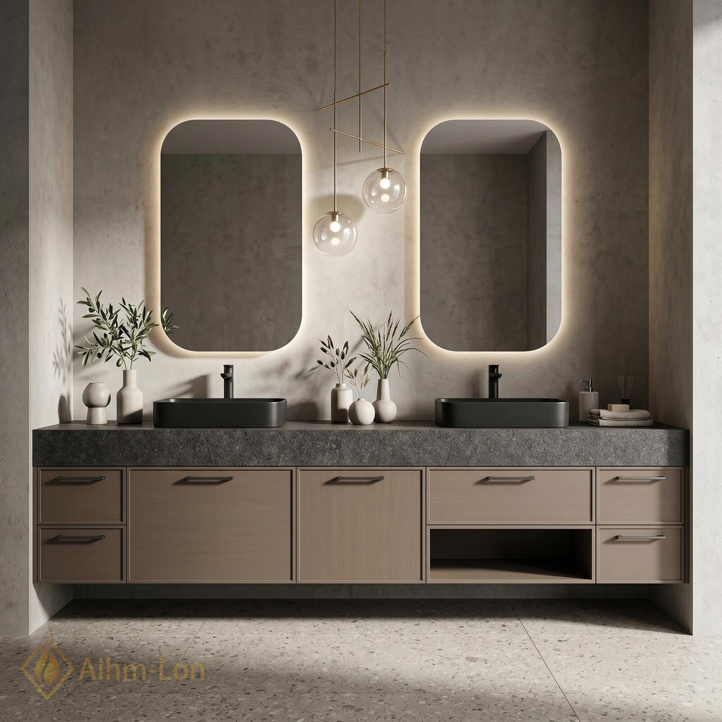 60''-96'' Double Bathroom Vanity with Sink Grey-Wood Modern Floating Grain Storage