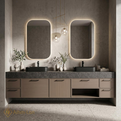 60''-96'' Double Bathroom Vanity with Sink Grey-Wood Modern Floating Grain Storage