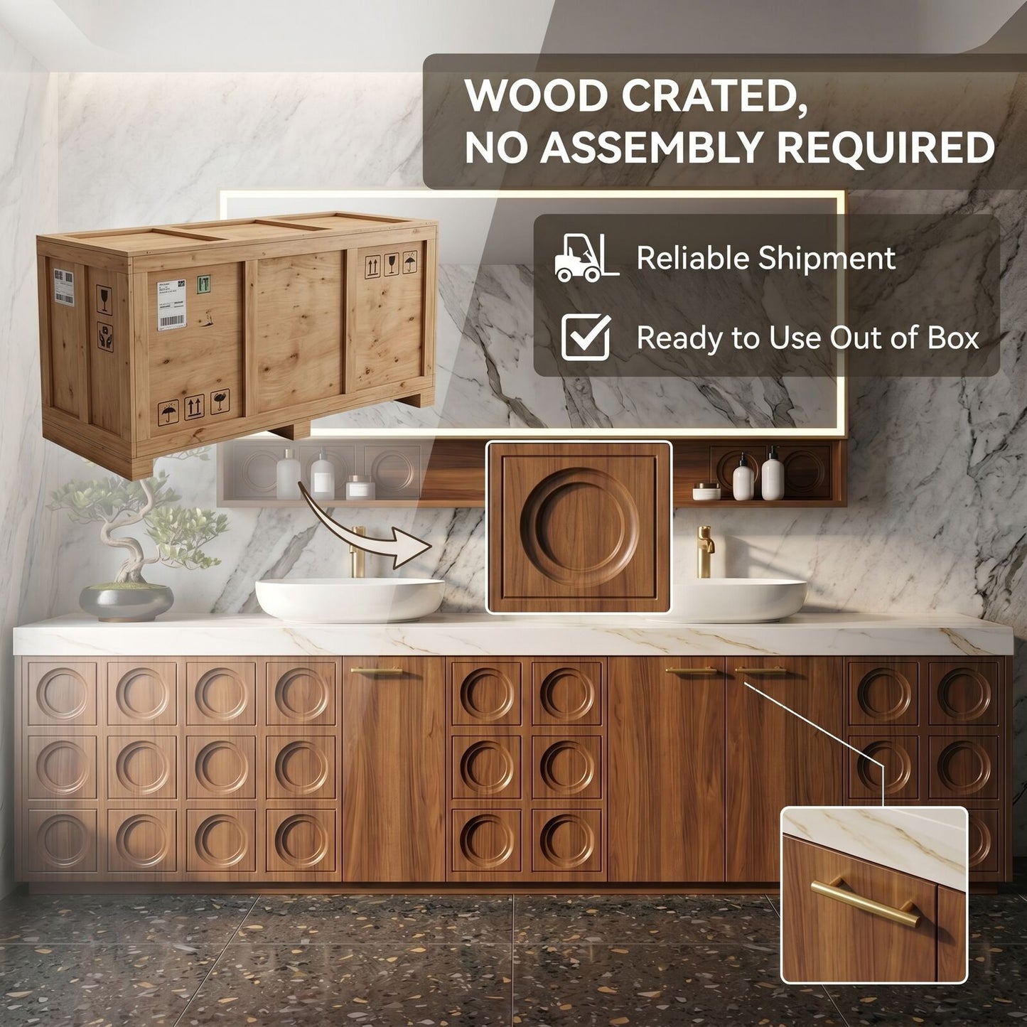 70''-96'' Elegant Bathroom Vanity with Sink Double Sink Carved Wood Panels White Stone