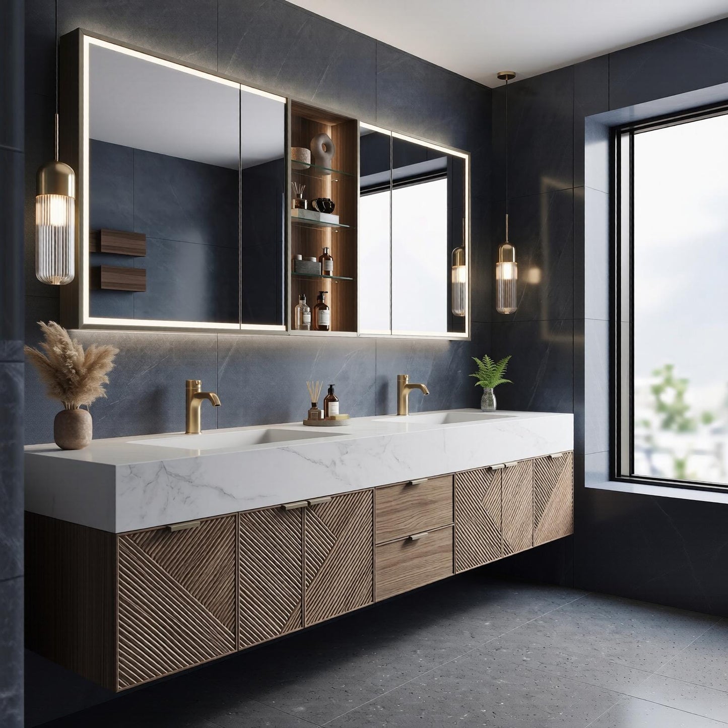 70''-96'' Modern Bathroom Vanity with Sink Floating Geometric Wood Panels Marble Countertop