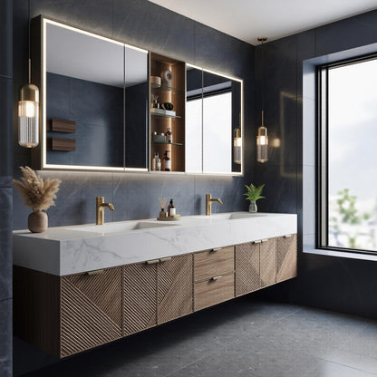 70''-96'' Modern Bathroom Vanity with Sink Floating Geometric Wood Panels Marble Countertop
