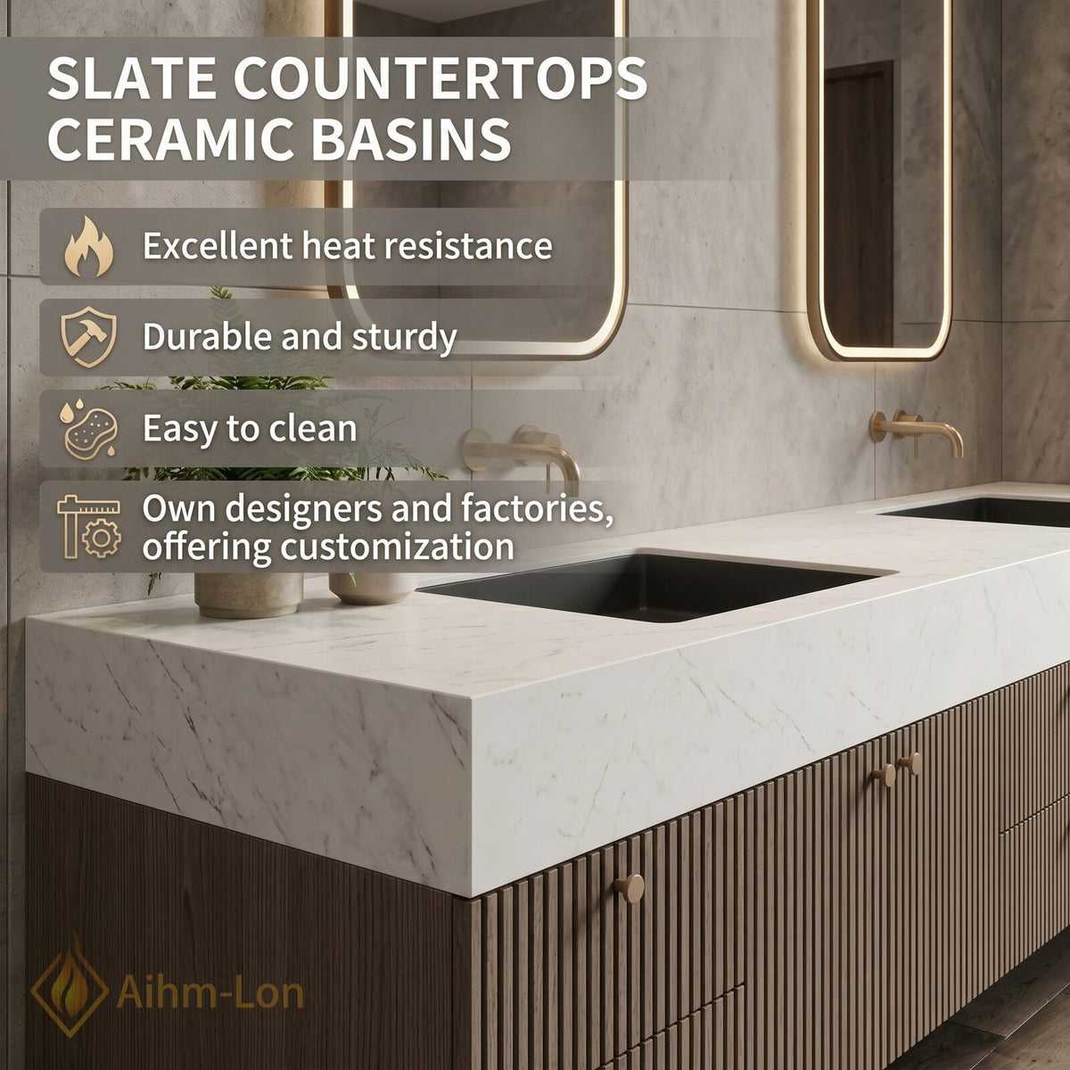 76''-96'' Double Bathroom Vanity with Sink Dark Walnut Slatted Front Basin Setup