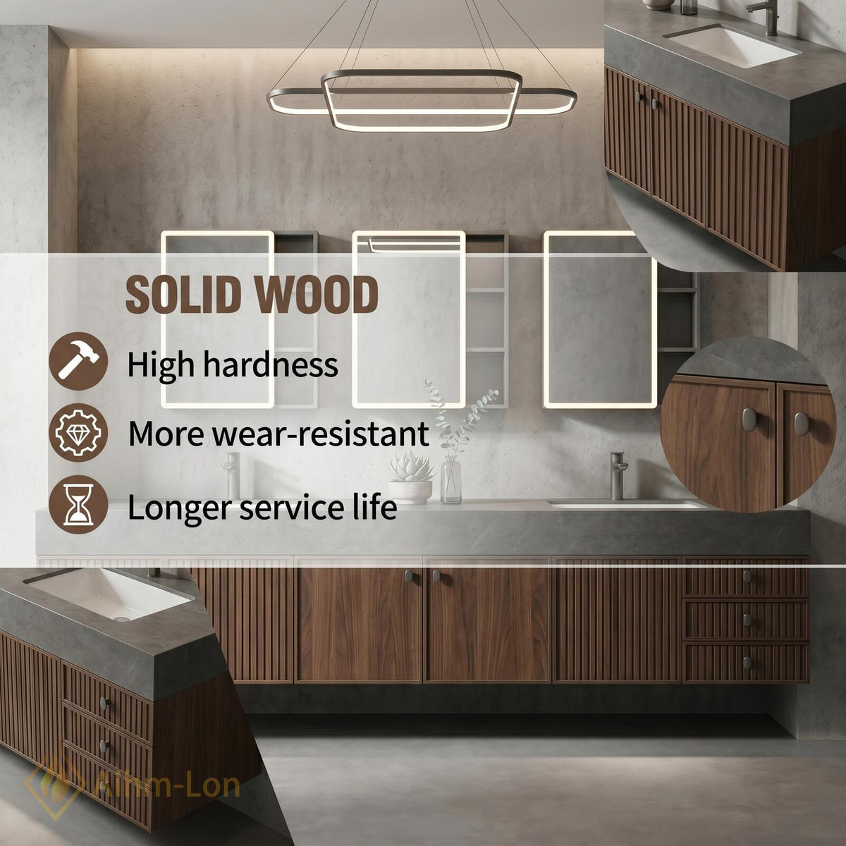 60''-96'' Double Bathroom Vanity with Sink Ribbed Dark Walnut Front Stone Top