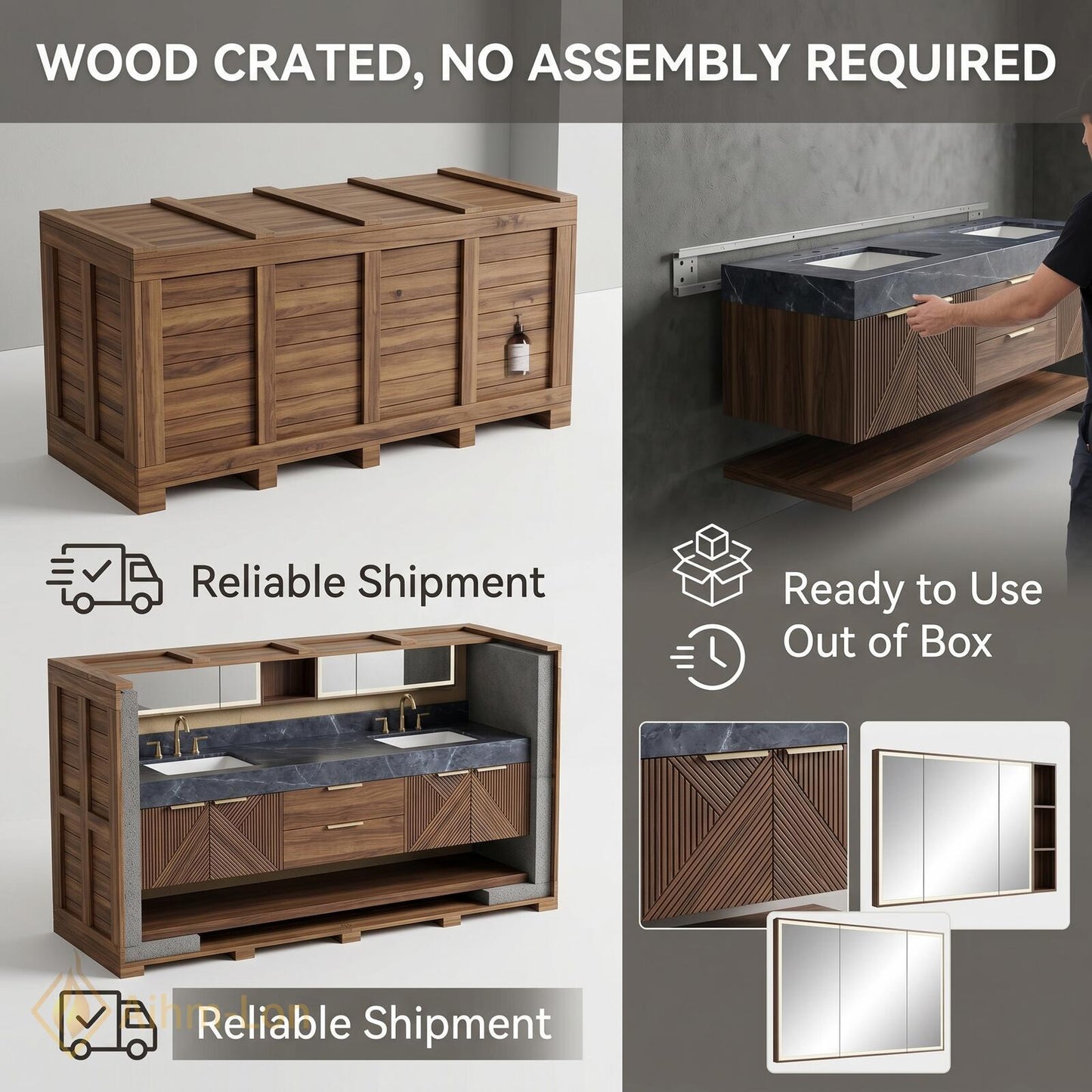 70''-96'' Double Bathroom Vanity with Sink Geometric Slatted Doors Rich Walnut Grain