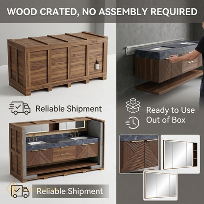 70''-96'' Double Bathroom Vanity with Sink Geometric Slatted Doors Rich Walnut Grain
