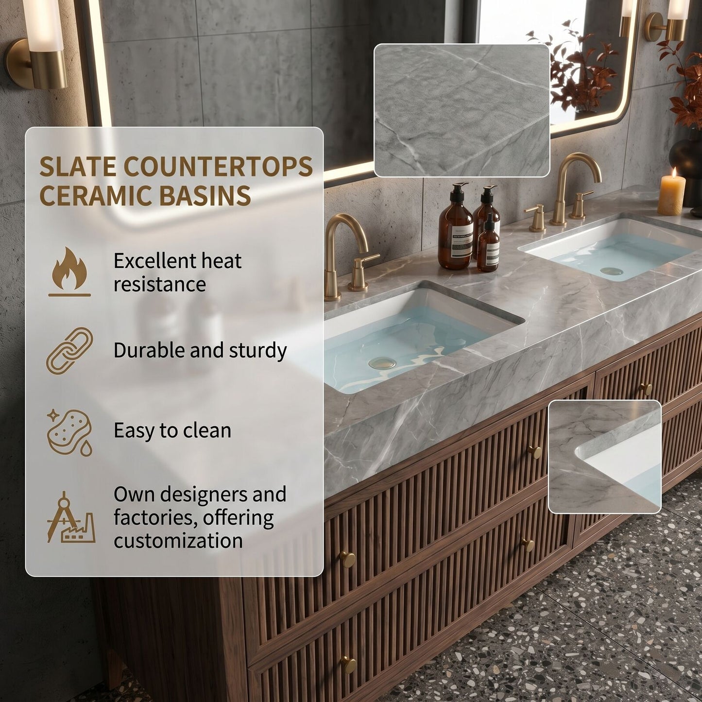 60''-96'' Modern Bathroom Vanity with Sink Grey Marble Slatted Wood Spacious Drawers