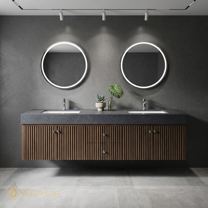 60''-96'' Double Bathroom Vanity with Sink Dark-Wood Modern Floating Fluted Panels