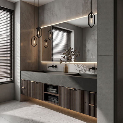 70''-96'' Modern Bathroom Vanity with Sink Slatted Wood Front Dark Grey Top
